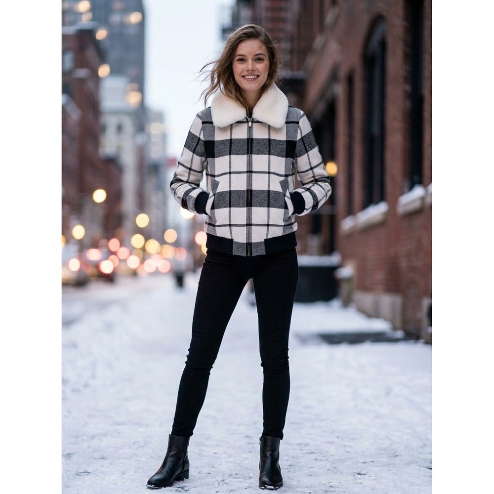 Sandro Paris Vanja Plaid Bomber Jacket Blue White Fur Collar Size 1 XS